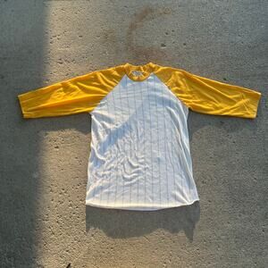 Vintage Single Stitch Striped Baseball Ringer T Shirt Yellow S M 3/4 Sleeve